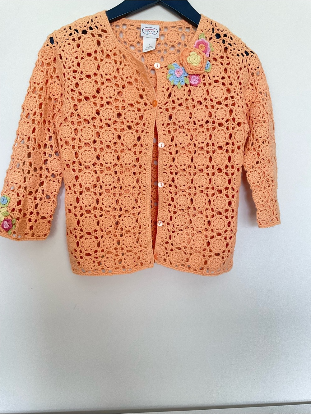 Talbots Kids Peach Crochet Floral Applique Cardigan Size 8